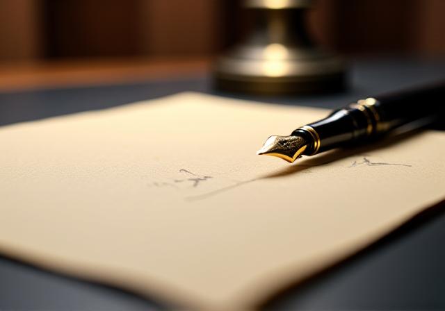 Close up of professional legal drafting on high-quality paper with a gold fountain pen